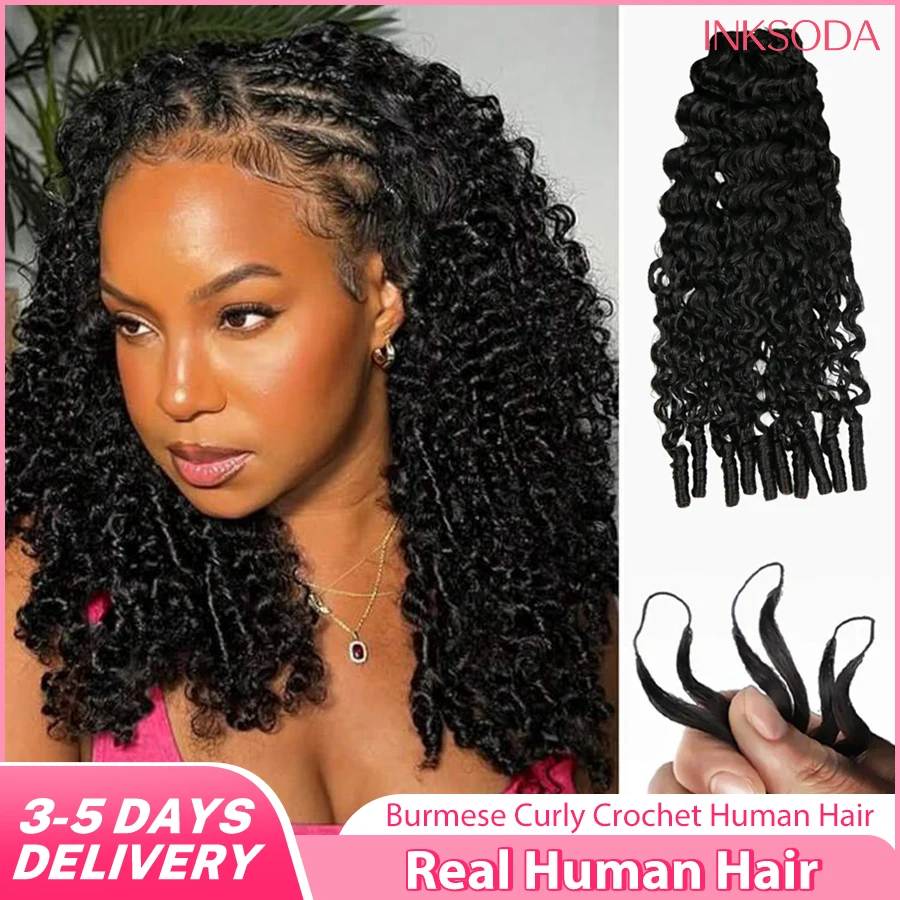 Burmese Curly Feather Crochet Human Hair Extensions Pre Looped For Women Kinky Curly Pre Separated Knotless Hair For Braiding