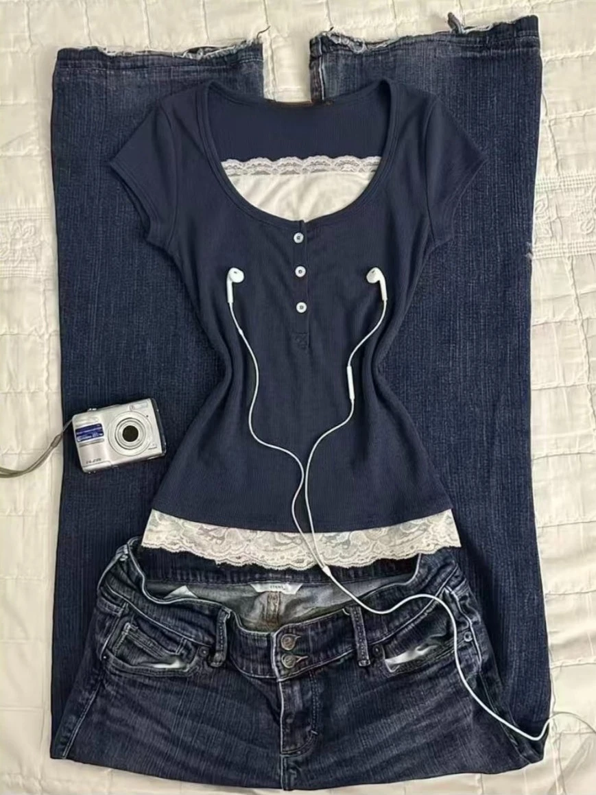 Women Y2K Short Sleeve T‑Shirt Navy Fake Two‑Piece Lace Trim Button Front Slim Fitted Retro Aesthetic Casual Y2K Layering Tops