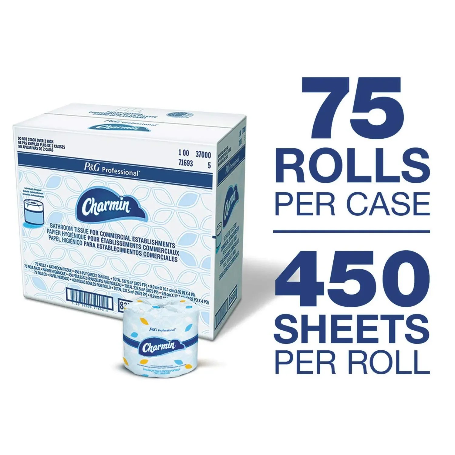 مناديل حمام Charmin التجارية، آمنة من الصرف الصحي، ملفوفة بشكل فردي، طبقتين، أبيض، 450 ورقة/لفة، 75 لفة/كرتون