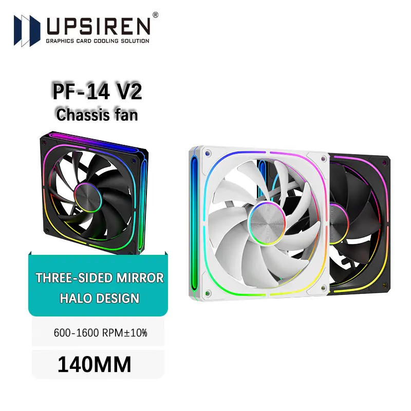 

UPSIREN PF-14 V2 140MM ARGB Performance Chassis Fan 600-1600RPM Hydraulic Bearing 5V-3PIN ARGB/4PIN PWM 9 blades Prism Halo Fan