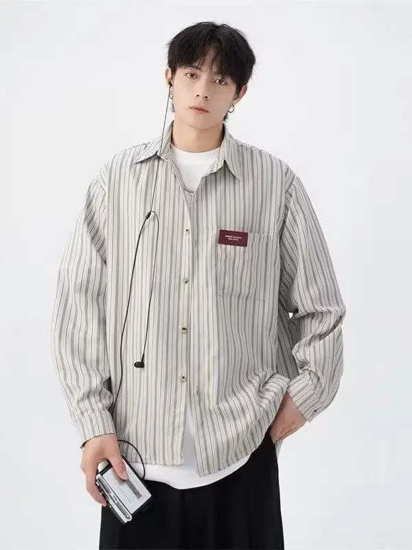 

Retro Japanese Sle Striped Long Sve irt Loose Fit Casual Spring Autumn Men's Faion Brand Outerwear Coat