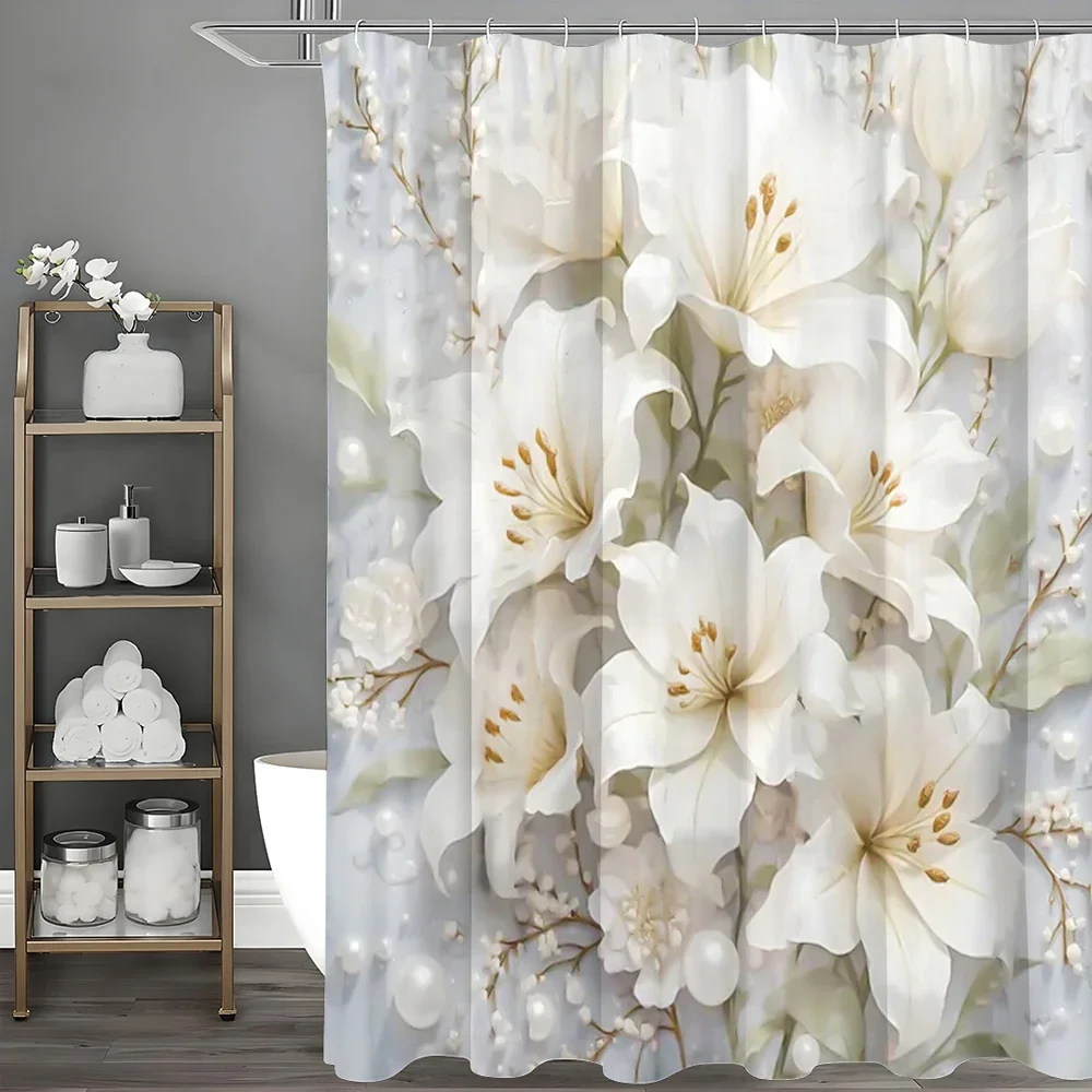White Floral Pearl Shower Curtain, Bathroom Decorative Shower Curtain, Waterproof Shower Curtain with Hooks 1