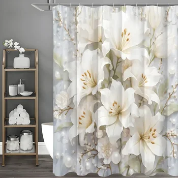 White Floral Pearl Shower Curtain, Bathroom Decorative Shower Curtain, Waterproof Shower Curtain with Hooks 1