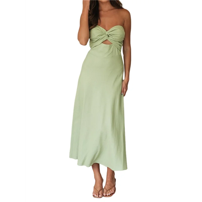 A83F-vestidos por debajo de la rodilla con escote corazón y tirantes en la parte delantera para mujer, vestido de lino con tubo recortado ahumado para invitados de boda