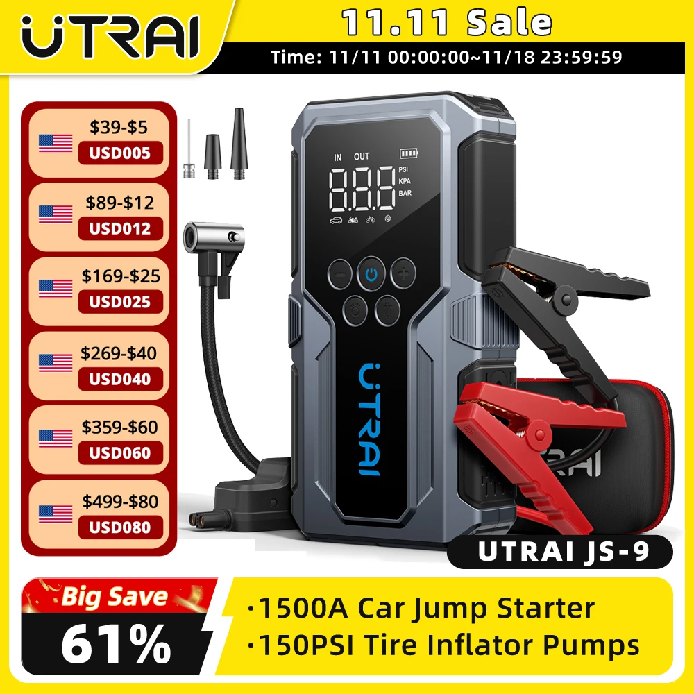 UTRAI 1500A Car Jump Starter Power Bank Portable 150PSI Air Pump Car Battery Emergency Boosters Starting Device Car Starter 2024