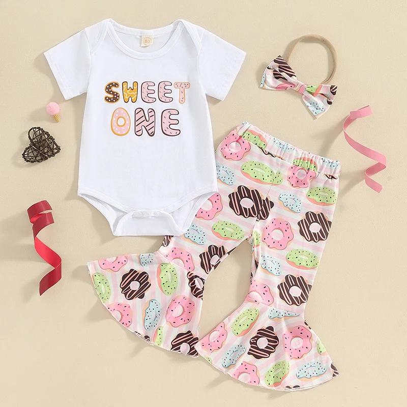 

Baby Girl Birthday Outfits, Short Sleeve Romper + Elastic Waist Donut Print Flare Pants + Headband Toddler 3 Piece Summer Set