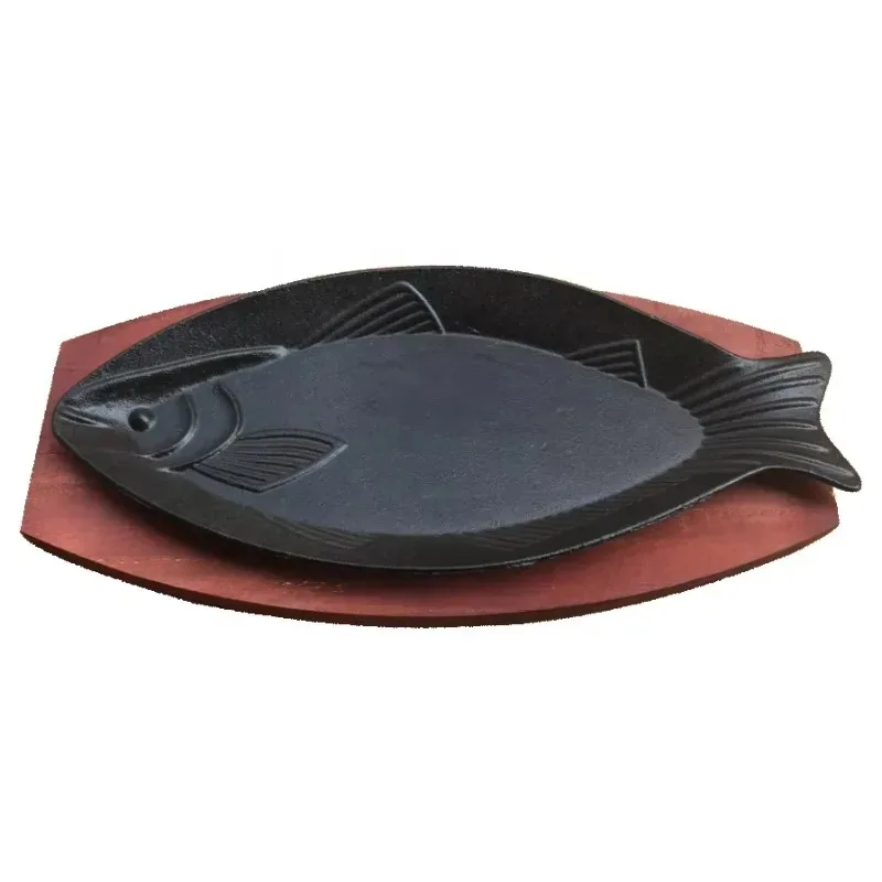 

Чугунная сковорода для жарки рыбы, железная плита в форме рыбы с деревянным основанием