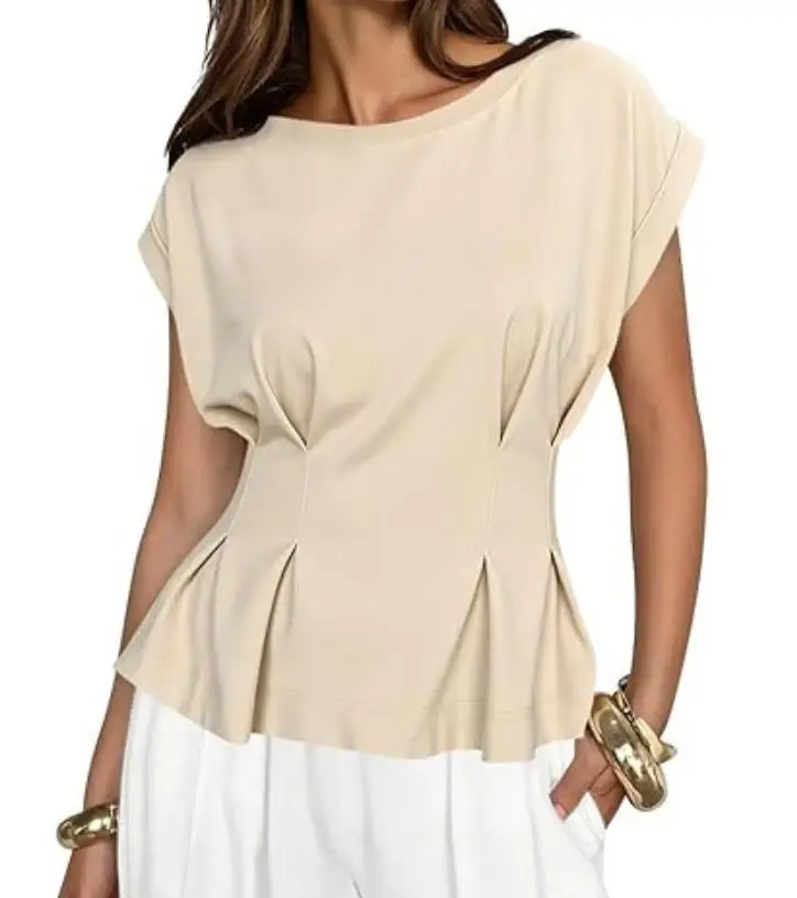 

Women's T-Shirt Summer New Style Fashionable Elegant Trendy Design Solid Color Wrinkle Waist Slimming Sleeveless T-Shirt Top