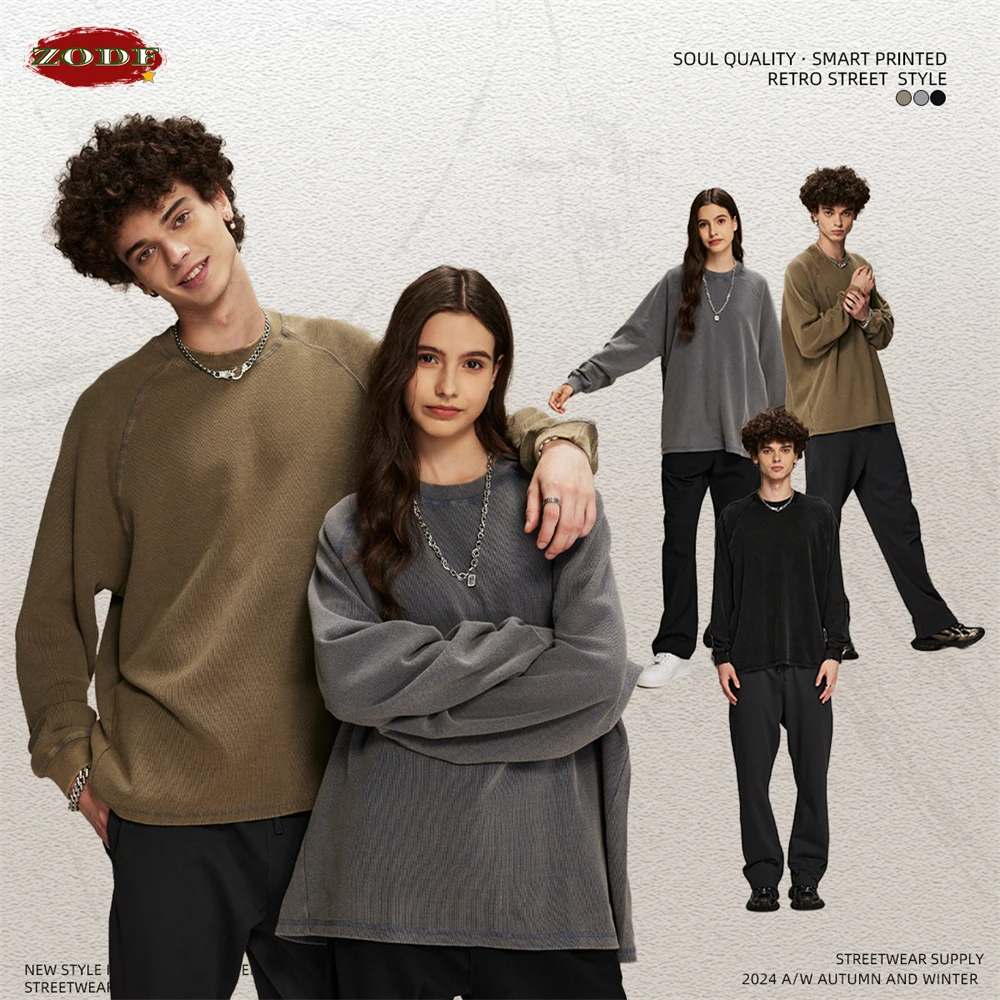 

ZODF Vintage Autumn Men Washed Waffle T-Shirt Unisex Oversized Long Sleeve O-Neck T Shirt Tees Brand Clothes HY0959