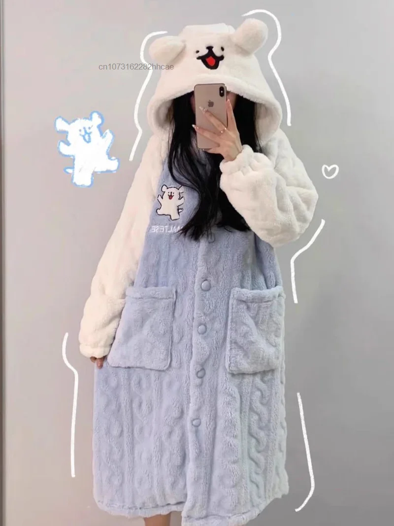 Kawaii Animal Dog Sleeping Nightgown Youthful Couple Woman Pants Set Coral Hood Robe Outwear Home Fur Kpop Korean Pijama Pjs