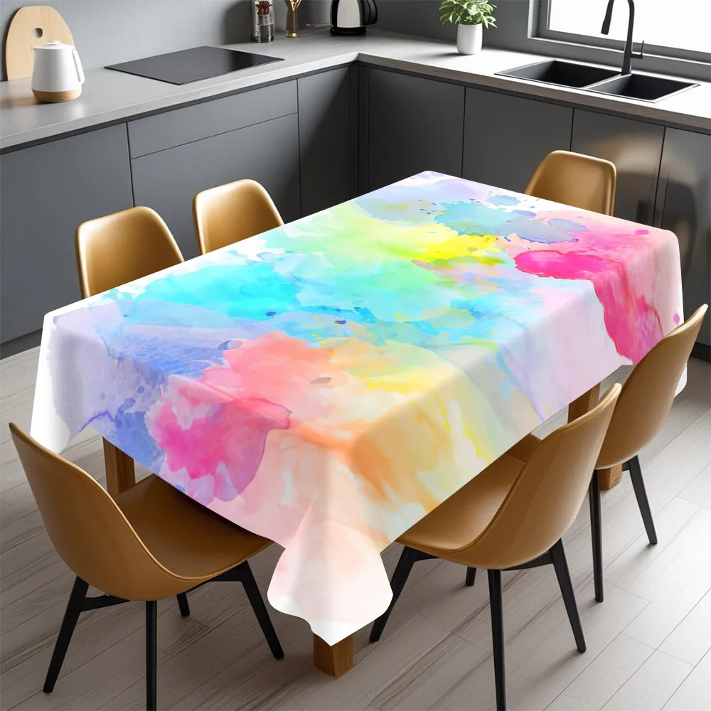 Rainbow Watercolor Splash Tablecloth, Vibrant Ink Blot Waterproof Spillproof Table Cover for Dining Room Party Home Decor