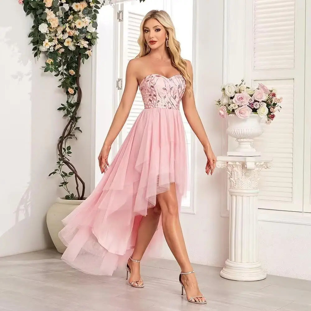 فساتين وصيفة العروس من الترتر على شكل حرف A من التول المطرز على شكل قلب وحزام سباغيتي فستان رسمي للحفلات للنساء للسهرات