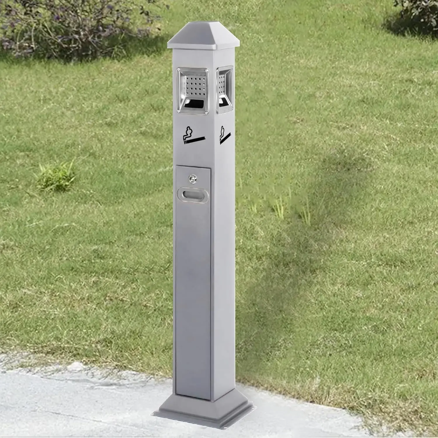 

ashtray Stainless Steel Vertical Trash Bin Outdoor Trash Can Waste Collector Receptacle Container 47" Ash Bin w/Lock (Silver)