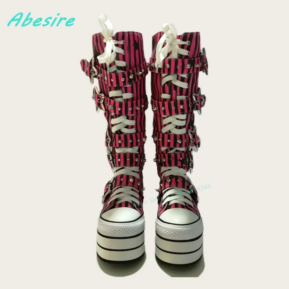 Round Toe Platform Red and Black Stripe Women's Boots Star-Shaped Belt Buckle Knee High Boots Cute Lace Up Tank Sole Shoes 2026 view 5