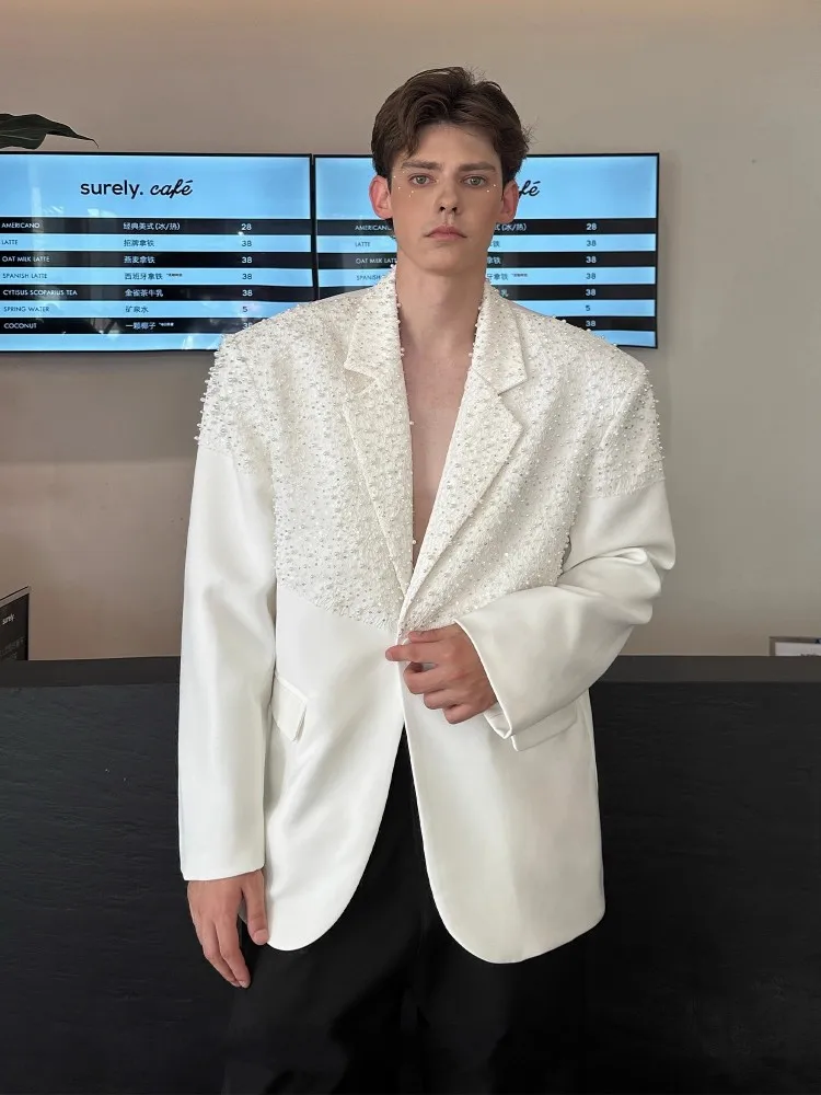 Fashion Casual Men Beige Suit Jacket Beading Spliced Design Blazer Single Button Loose Fit Outerwear Antumn New Chic Dance Coat