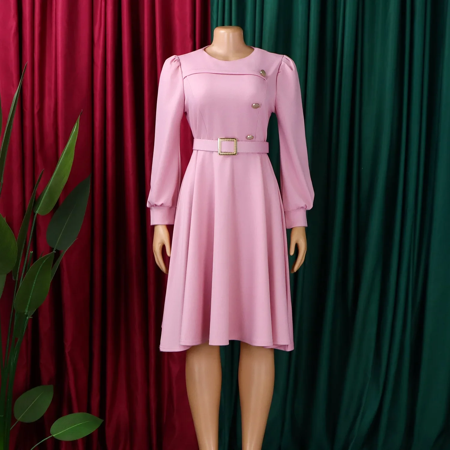 

Elegant African High Waist Long Sleeve round Neck Party Dress Pure Color Polyester A- Line Skirt Dress for Universal Body Type