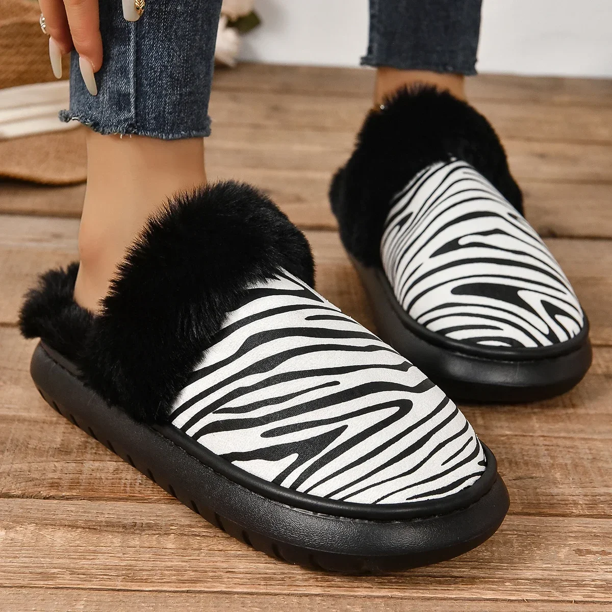 Winter Women Platform Fur Slippers Warm New Flats Home Cotton Shoes Zebra Stripes Shoes for Women Size 44 45