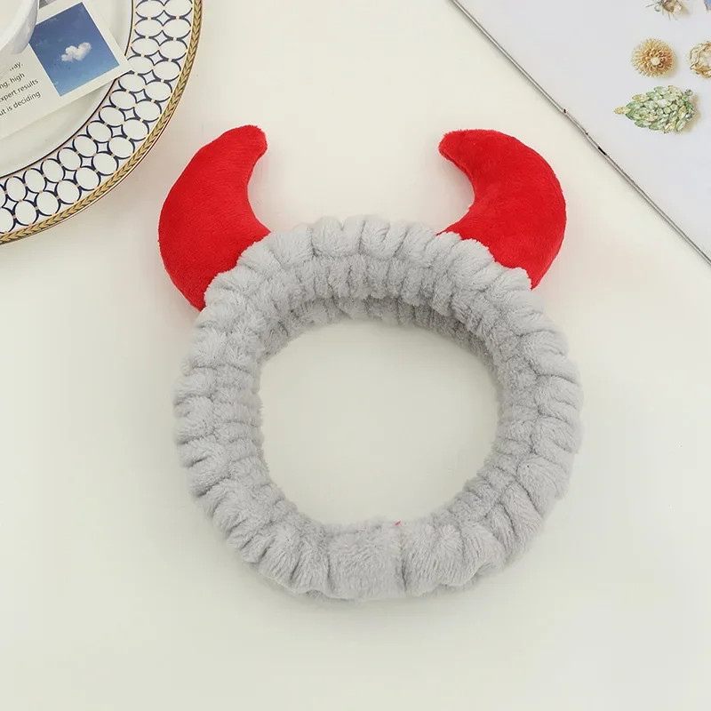 Plush Headband Women Girls Cute Red Horns Soft Elastic Hairband Wash Face Sport Velvet Hair Band Party Bandana Hair Accessories