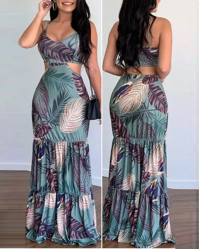 Women Dress Camisole Long Dresses Print Folds Sleeveless Slim Fit V Neck Elegant A Line Splice Vestidos Beach Summer 2024