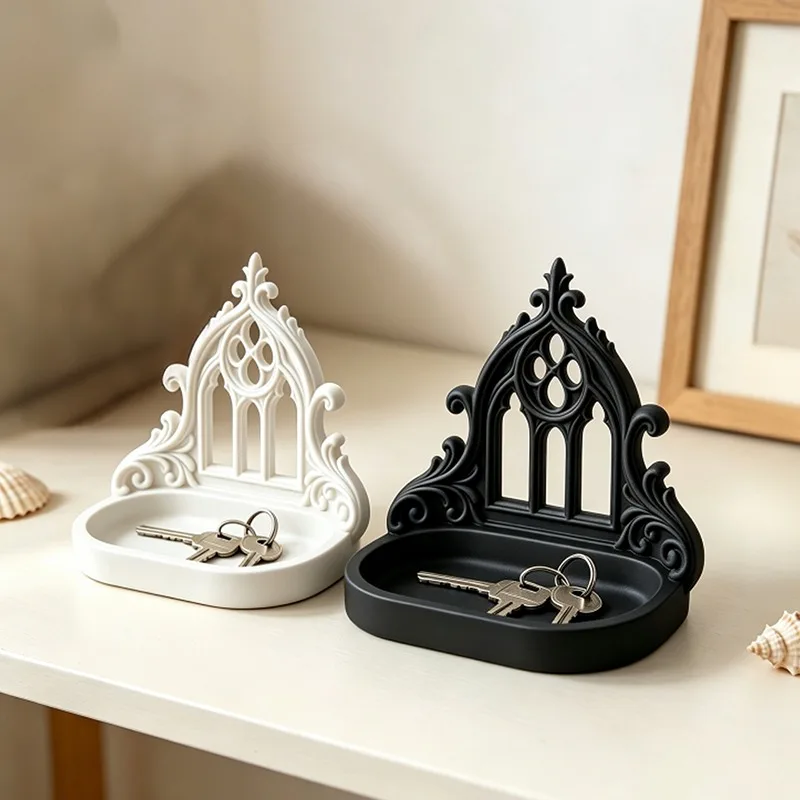 3D Printed Gothic Arch Key Tray Desktop Ornament Vintage Carved Decorative Key Holder Elegant Trinket Dish Entryway Table Decor