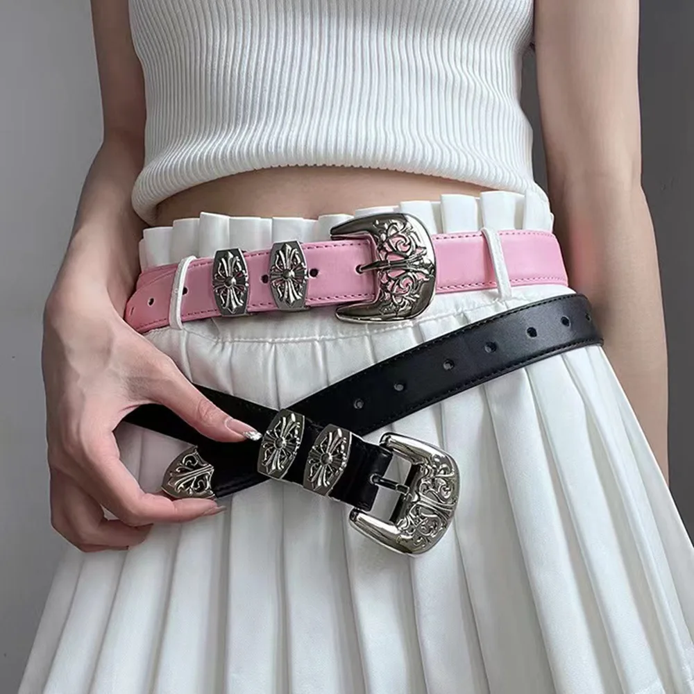 

Fashion Designer Women's Luxury Belt Hollow Carved Cross Buckle Belt with Dress Shirt Waist Wrapped Leather Versatile Thin Belt