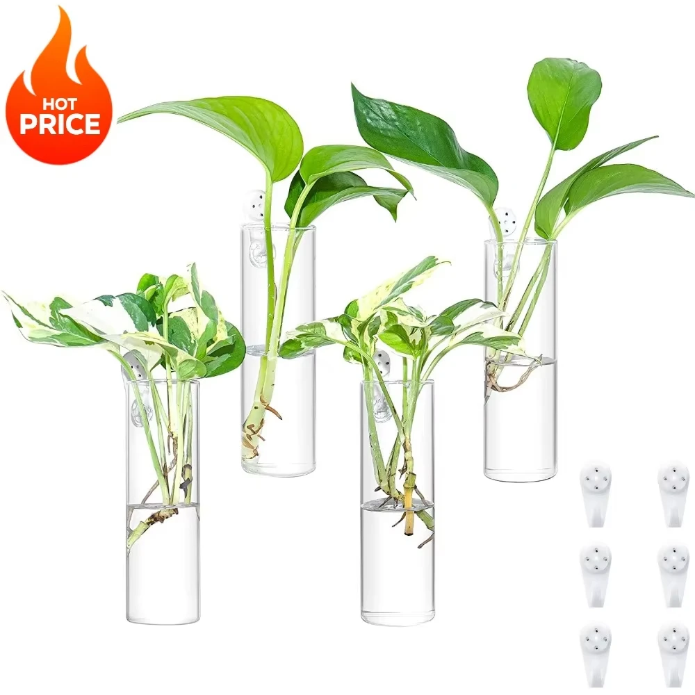 2/4pcs Wall Mounted Vase Clear Glass Cylindrical Plant Container With Plastic Non-Traceable Hook Cylindrical Planter