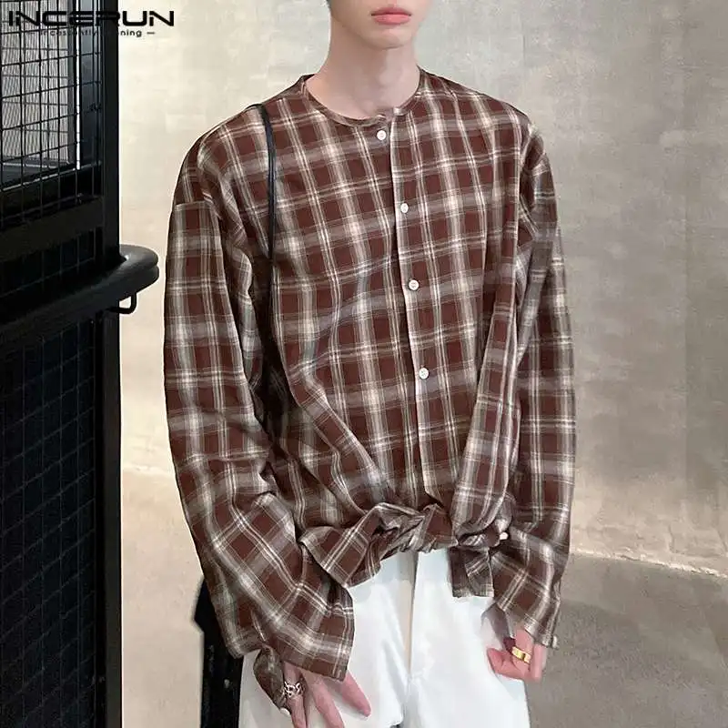 

INCERUN Men Plaid Shirt O-neck Long Sleeve Loose Korean Style Thin Shirts Breathable Streetwear 2024 Fashion Casual Men Clothing