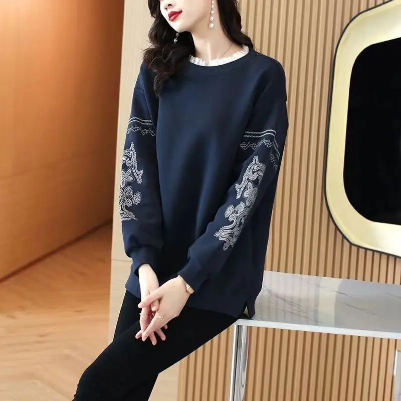 Embroidered Lace O-Neck Women's Spring and Autumn 2024 New Splicing Fashion Loose Minimalist Casual Long Sleeve Sweatshirts