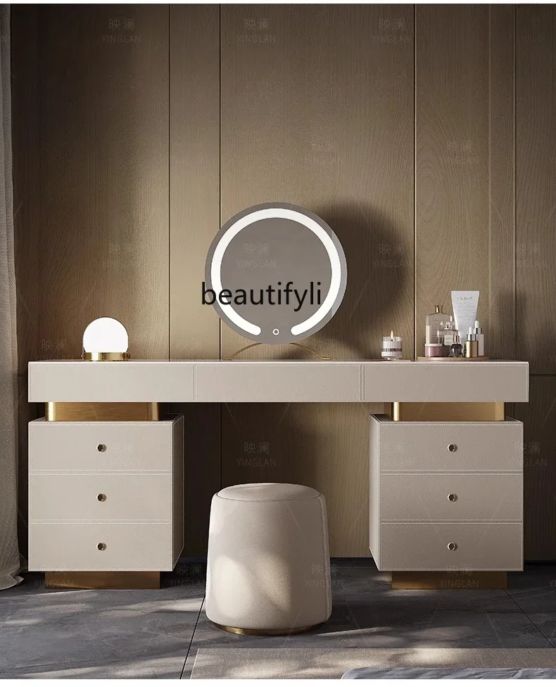 

Light luxury makeup table master bedroom modern simple saddle leather high-end rock slab desk dresser integrated