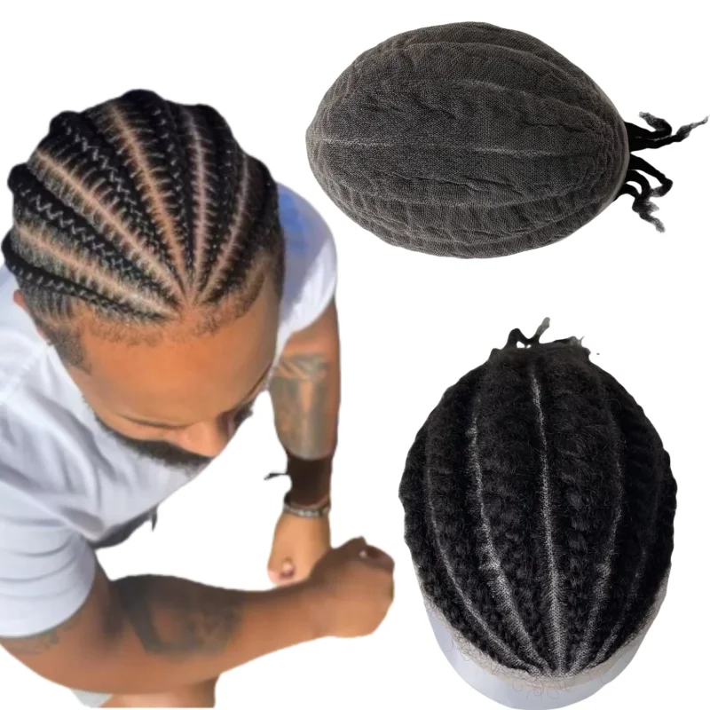 

Малайзийский шиньон из натуральных волос # 1b Черный парик с косами афро Cornrow 8x10, полный кружевной блок для чернокожих мужчин