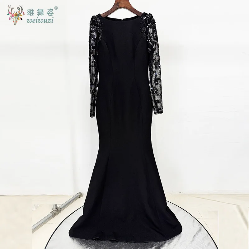 Mais recente moda luxuosa e requintada malha lantejoulas bordado manga comprida em torno do pescoço fino ajuste cintura cinched vestido de noite