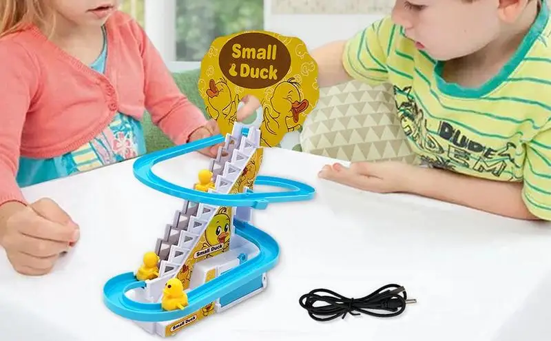 

Little Duck Climbing Stairs DIY Rail Racing Track Electric Climbing Stairs Toy Pig Action Figures Music Roller Coaster Toys