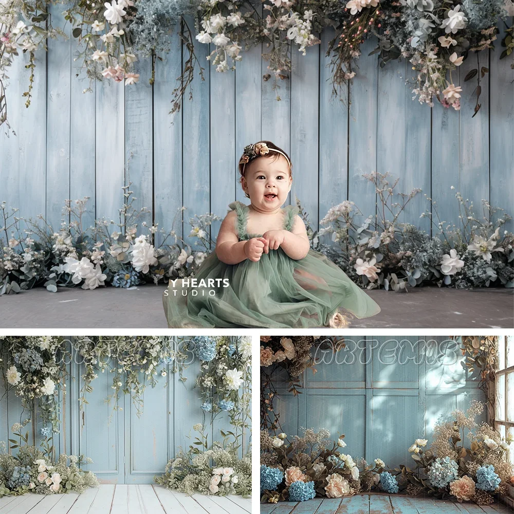 

Spring Photography Backdrop Blue Flower Nostalgic Green Brown Board Rural Baby Shower Birthday Portrait Background Photo Studio