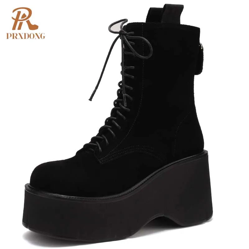 PRXDONG Buty damskie 2024 Nowa moda Chunky High Heels Platform Punk Lace Up Black Brown Dress Party Casual Ankle Boots 34-39