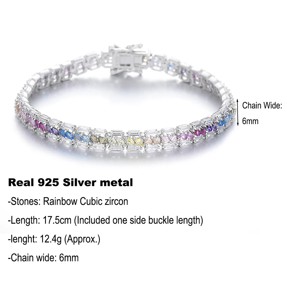 Solid 925 Silver Fine  Jewelry 17.5 CM (7 Inch) Chain Bling Full Rainbow Cubic Zircon Real Silver Tennis Bracelet For Women