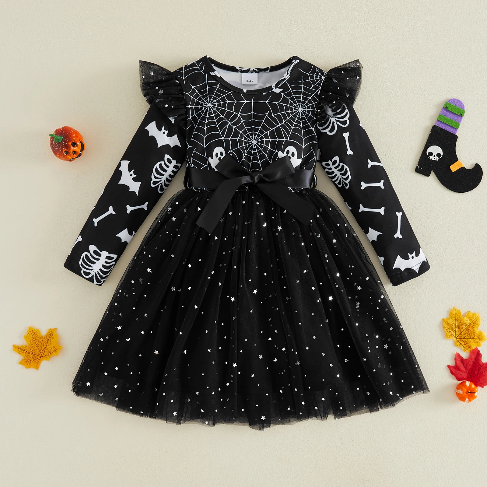 3-10Y Little Girls Halloween Tulle Mesh Lace Dress Fashionable Ghost Spider Web Printed Long Sleeve Dress Halloween Costume