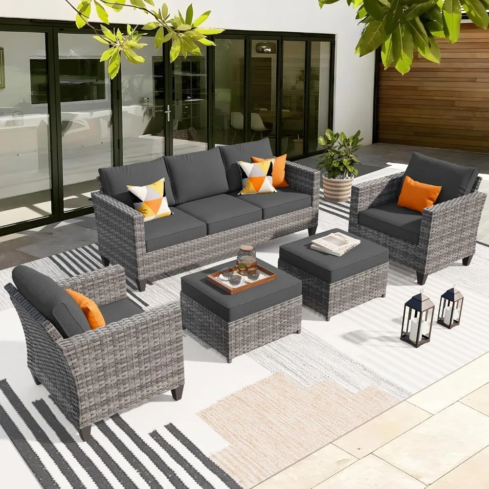 

Patio Furniture Set, 5 Pieces Outdoor Wicker Rattan Sofa Couch with Chairs, Ottomans and Comfy Cushions, All Weather High Back