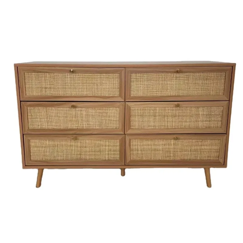 Wabi-sabi & Contemparary chest of 3 drawers wood storage rattan dresser cabinet