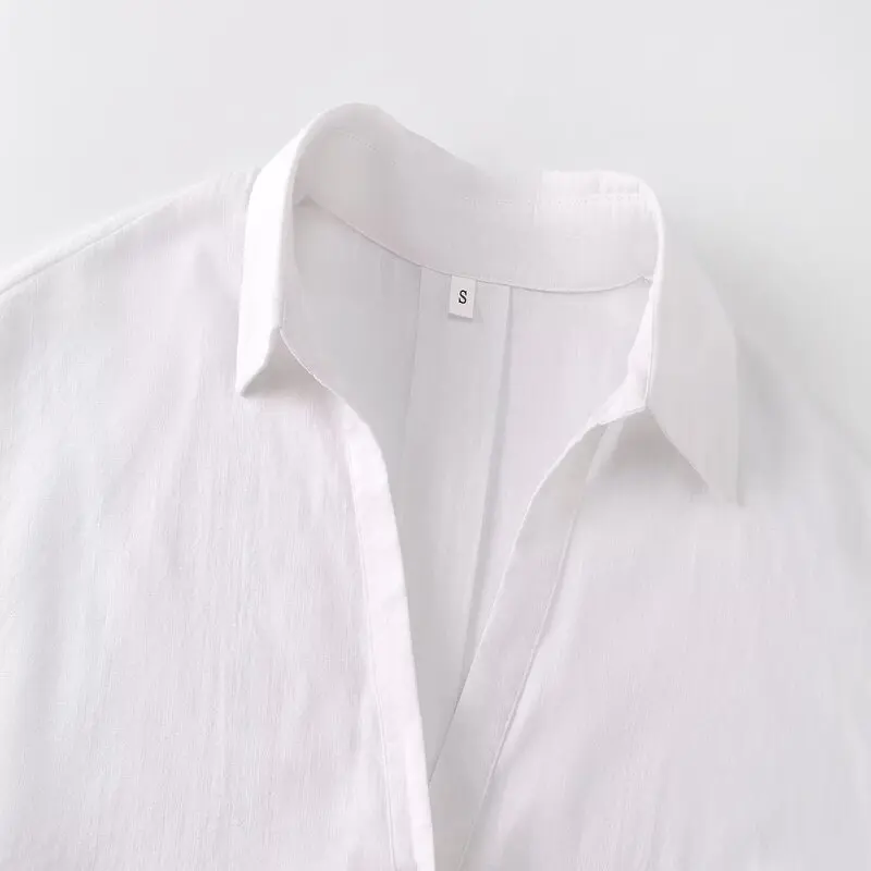 

Summer 2024 Women's Faionable Wide Sve Linen Blend irt New Arrival White Versatile Loose Fit Long Sve V-Ne Regula...