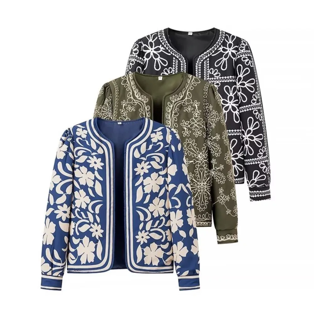 

3 colors Ethnic Contrast color Flower Print O Collar Coat BOHO Women Front Open Stitching Full Sleeve Loose Jacket Outerwear