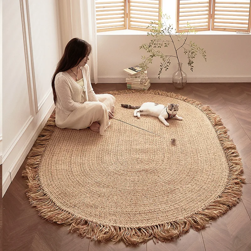 Oval Jute Tassel Carpet Living Room Light Luxury Zero Glue Hand Woven Floor Mat Wabi Sabi Wind Bedroom Bedside Blanket