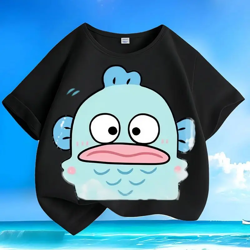 

Hangyodon Хлопковая детская футболка Sanrio с короткими рукавами, новая повседневная футболка с круглым вырезом для девочек, летняя свободная футболка для мужчин и женщин, студентов, с круглым вырезом