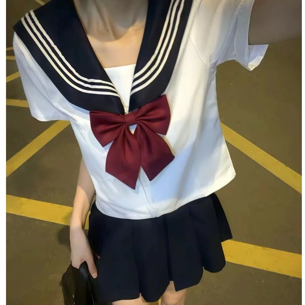plus Size JK Uniform Set Sailor Short Sleeve High Waist School Style Short Skirt Fashionable Two-Piece Set for Women Summer