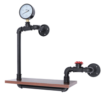 Industrial Floating Shelf, Solid Wood & Steel Pipes, Water Meter & Valve Design, Wall-Mount, 25kg Capacity for Home Decor