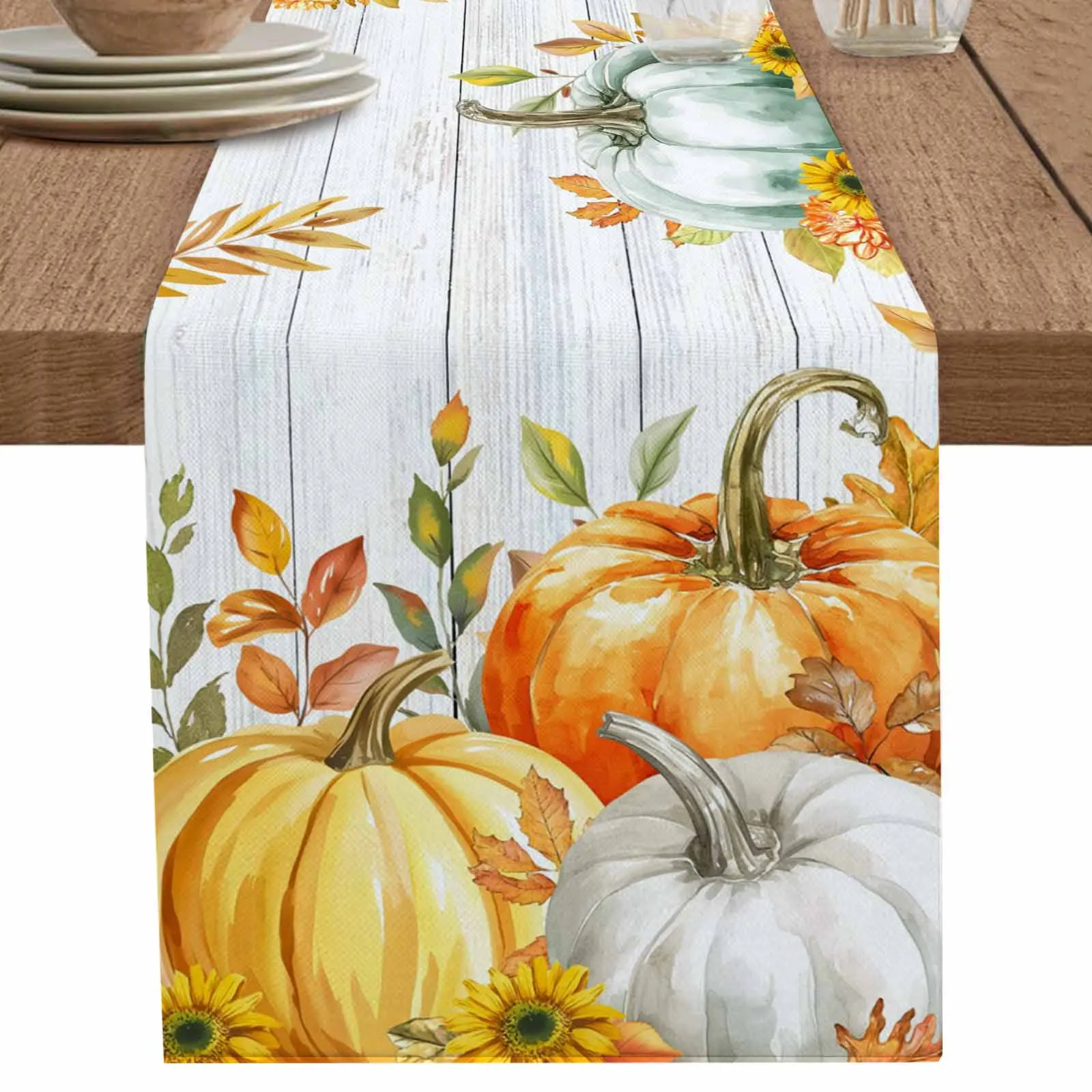 

Gray Wood Grain Orange Pumpkin Table Runner Party Polyester Table Cover for Home Dining Decoration