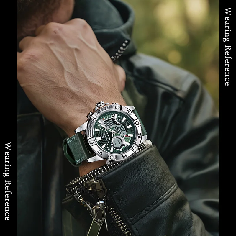 GOLDENHOUR Luxury Brand Men Watch Military Sports Digital Analog Quartz Wristwatch Waterproof Multifunctional Leather Strap Relo