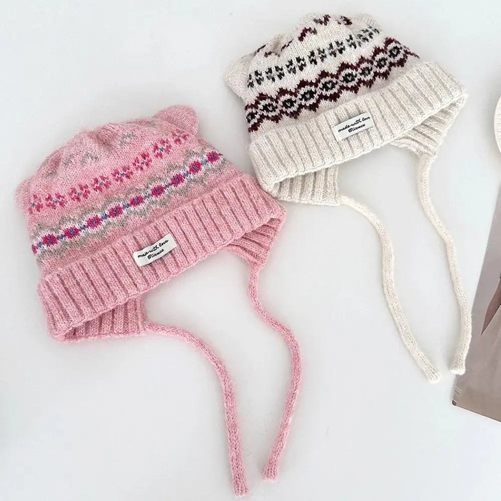 Casual Cat Ear Knitted Woolen Cap Windproof Keep Warm Ear Protection Cap Thickened Fell Island Style Strap Beanie Hat Winter