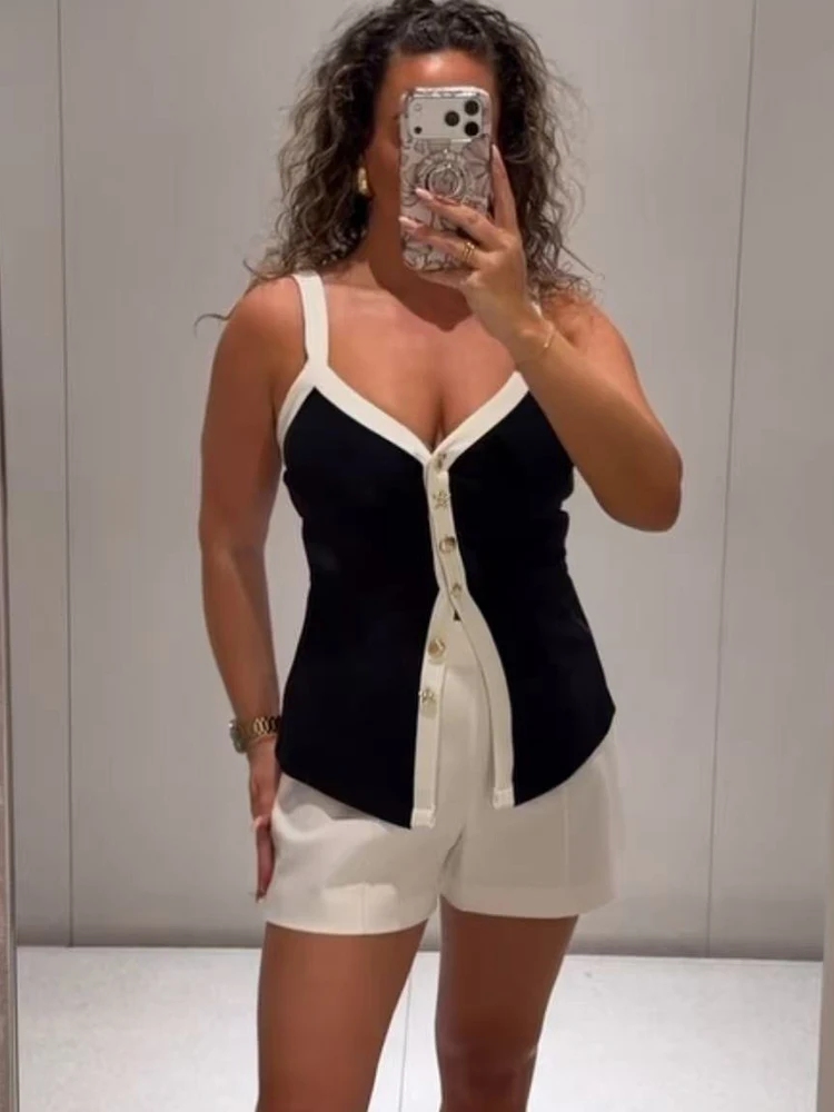 New Summer Sling Top For Women Fashion Color Blocked Sleeveless V-neck Strap Vest Summer Lady Chic Button Decor High Street Top