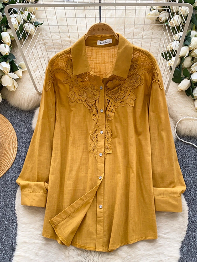 Spring Autumn New Embroidered Hollow Breathable Cotton Hemp Shirt Women\'s Long Sleeve Loose Versatile Commuter Cardigan Top D83