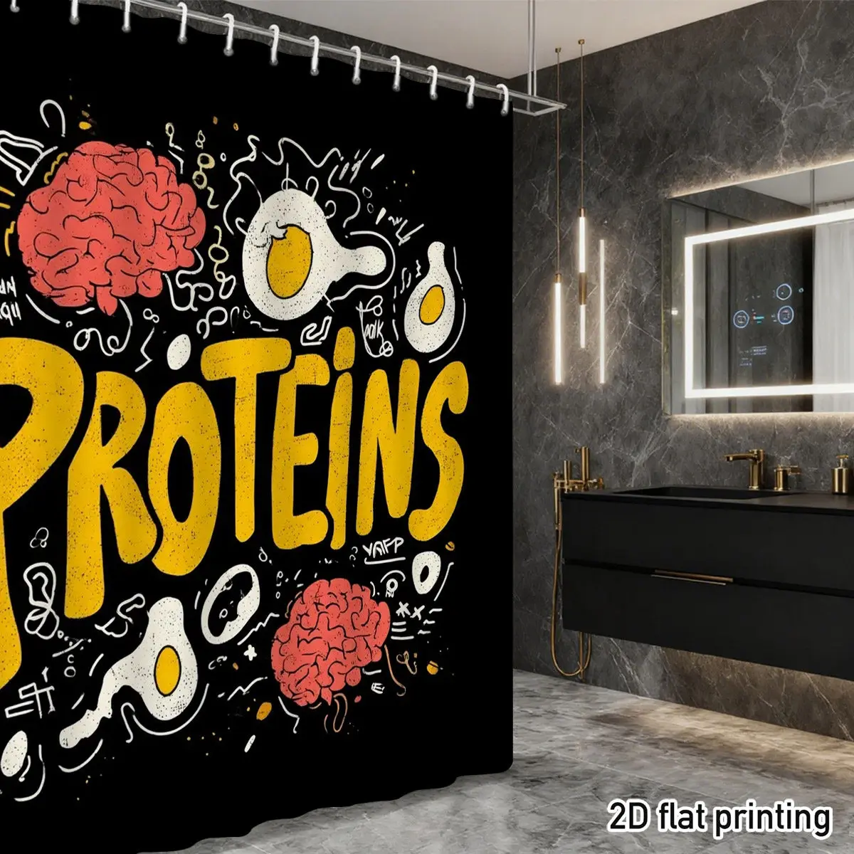 

Protein Shower Curtain – Brain & Fried Eggs, DNA/Mitochondria Doodles, Black Base, Polyester, 71"x71", 12 Hooks, Hand Wash